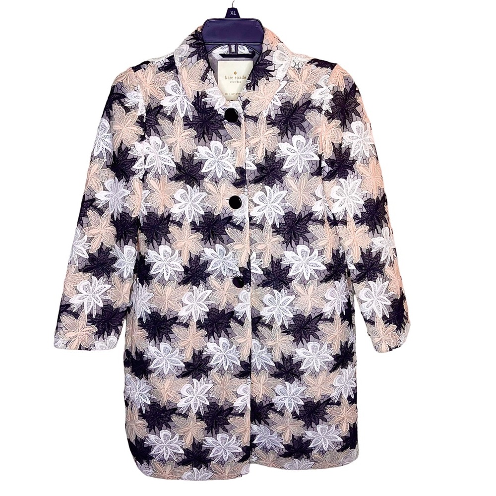 Kate Spade Black and White Floral Pea Coat